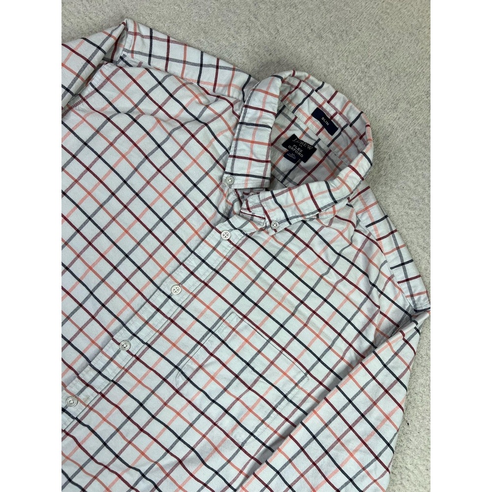 J Crew Shirt Mens XL White Plaid Flex Oxford Slim Long Sleeve Button Down